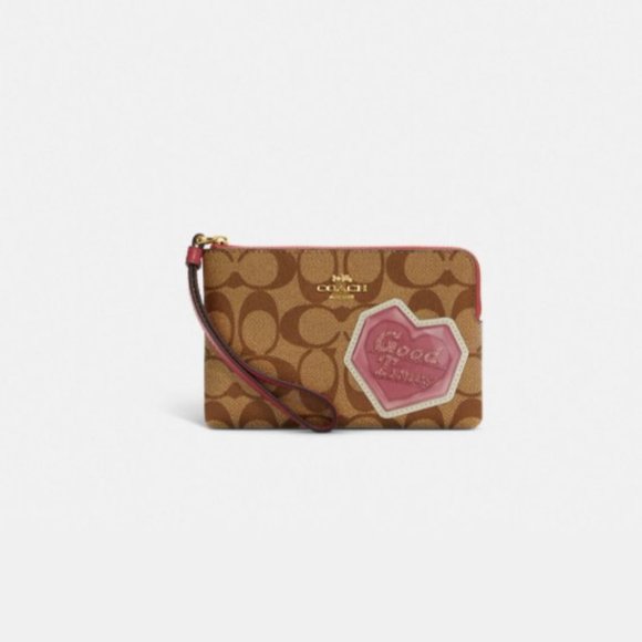 Corner Zip Wristlet In Signature Canvas With Disco Patches Heart Purse Wallet - Picture 1 of 5